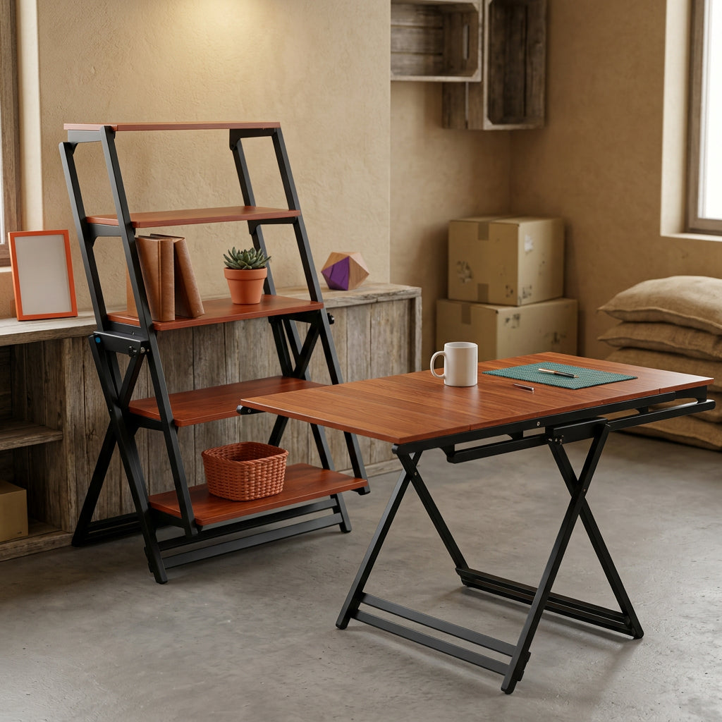 Mesa y Estantanteria Plegable madera Metal Multifunción